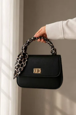 Patterned Scarf Design Women's Handbag with Gold Lock Closure Black