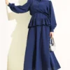 Ruffled Detail Belted Skirt Set Navy Blue