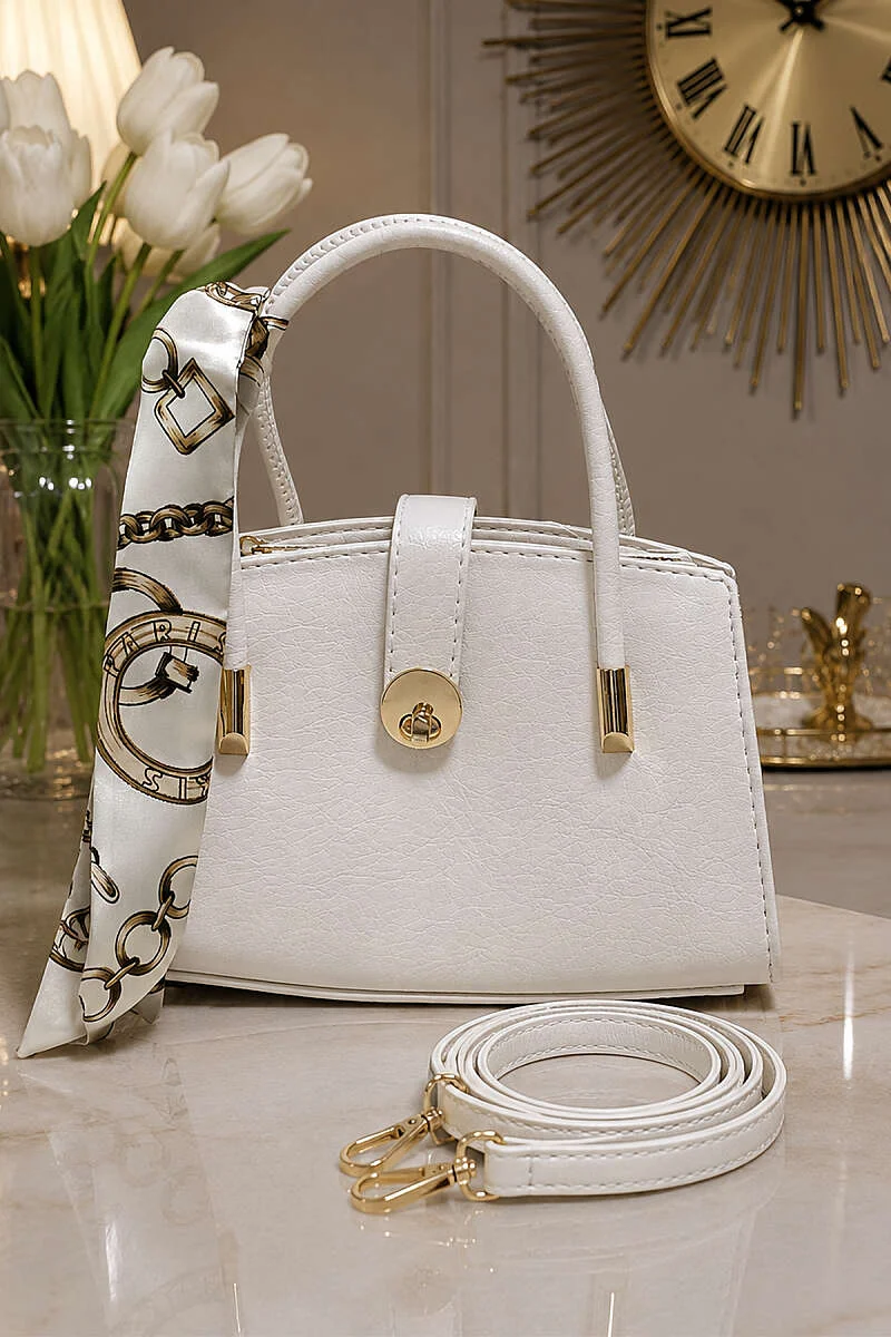 Scarf-Embellished Lock Detail Zippered Bag Cream