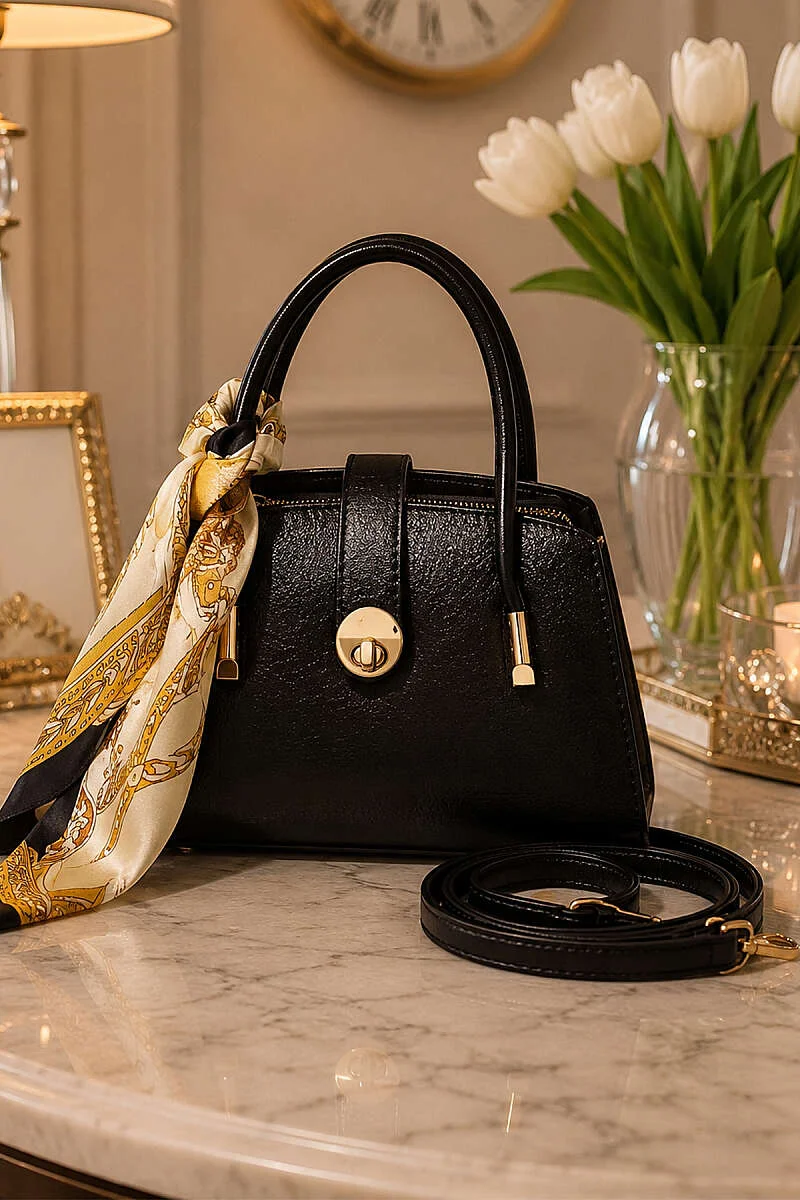Scarf-Embellished Lock Detail Zippered Bag Black