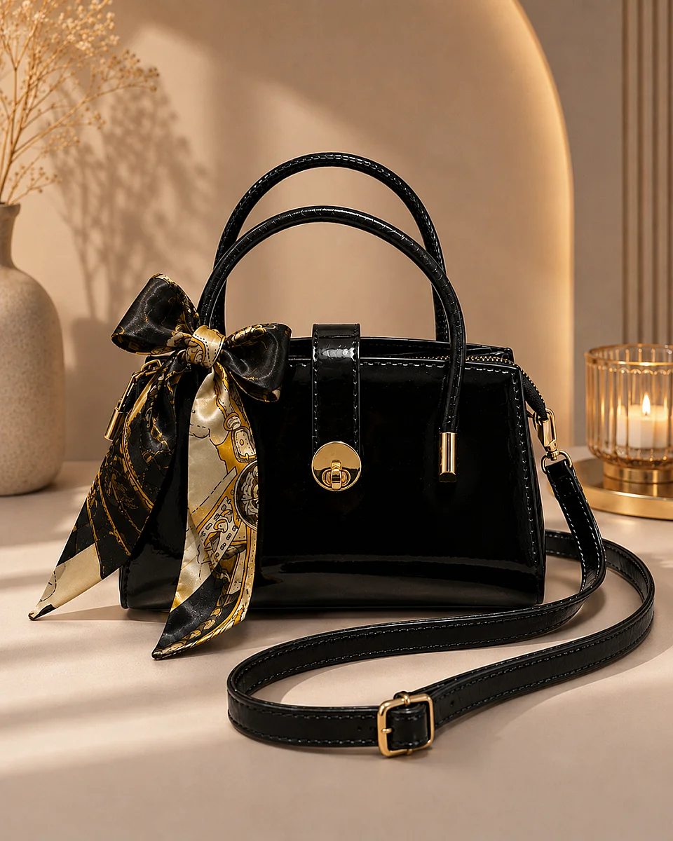 Scarf-Embellished Lock Detail Zippered Bag Black - Image 2