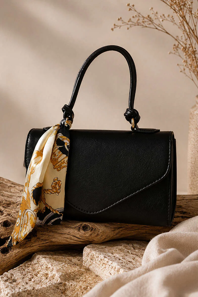 Magnetic Faux Leather Bag with Scarf Black