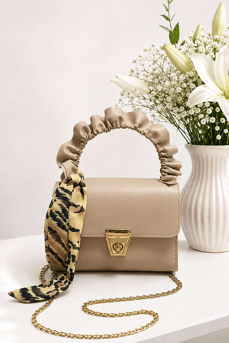 Scarf-Embellished Women's Handbag with Gold Lock Detail Beige