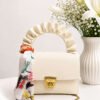 Scarf-Embellished Women's Handbag with Gold Lock Detail Cream