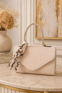 Magnetic Faux Leather Bag with Scarf Cream