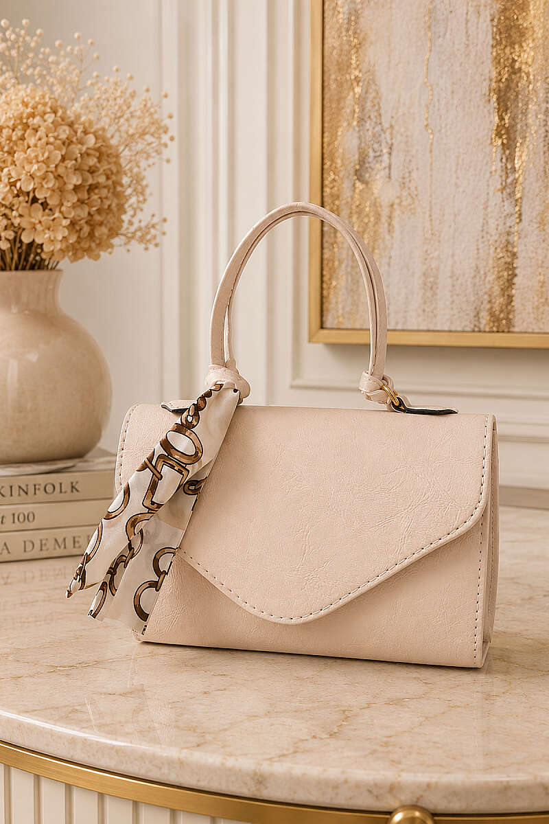 Magnetic Faux Leather Bag with Scarf Cream