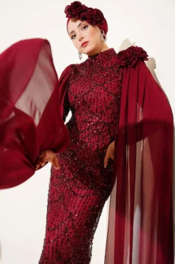 Dress with Sequin and Rose Accessory Burgundy