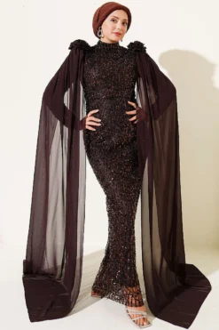 Dress with Sequin and Rose Accessory Brown