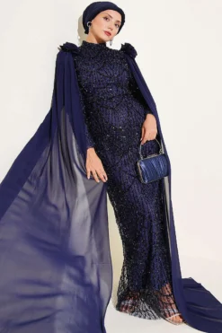 Dress with Sequin and Rose Accessory Navy Blue