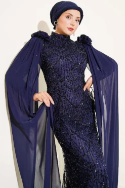 منظر بديل لـ Dress with Sequin and Rose Accessory Navy Blue
