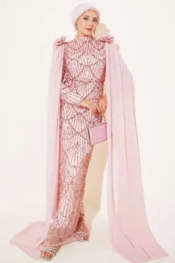 Dress with Sequin and Rose Accessory Powder Pink