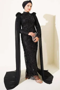 Dress with Sequin and Rose Accessory Black