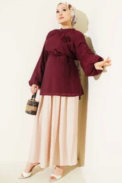 Alternative view of Rose Brooch Detailed Waist-Tie Tunic Burgundy