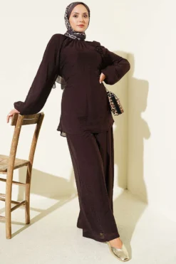 Rose Brooch Detailed Waist-Tie Tunic Dark Brown