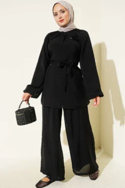 Rose Brooch Detailed Waist-Tie Tunic Black