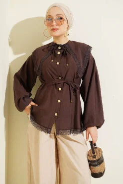 Lace Detail Ankle-Banded Shirt Brown