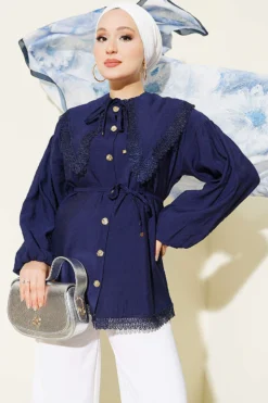 Lace Detail Ankle-Banded Shirt Navy Blue