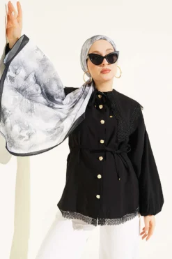 Lace Detail Ankle-Banded Shirt Black