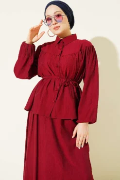 Alternative view of Belted Two-Piece Set with Gathered Bust Burgundy