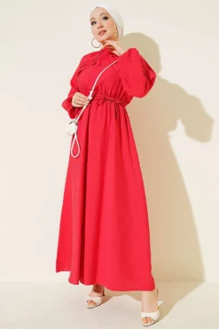 Ruffle Detail Belted Dress Red