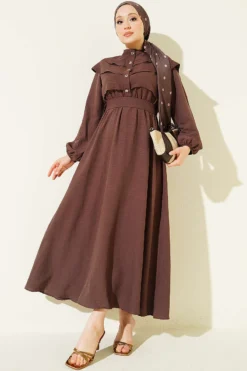 Ruffled Breast Tie Dress Brown