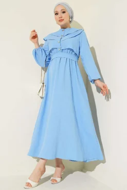Ruffled Breast Tie Dress Blue