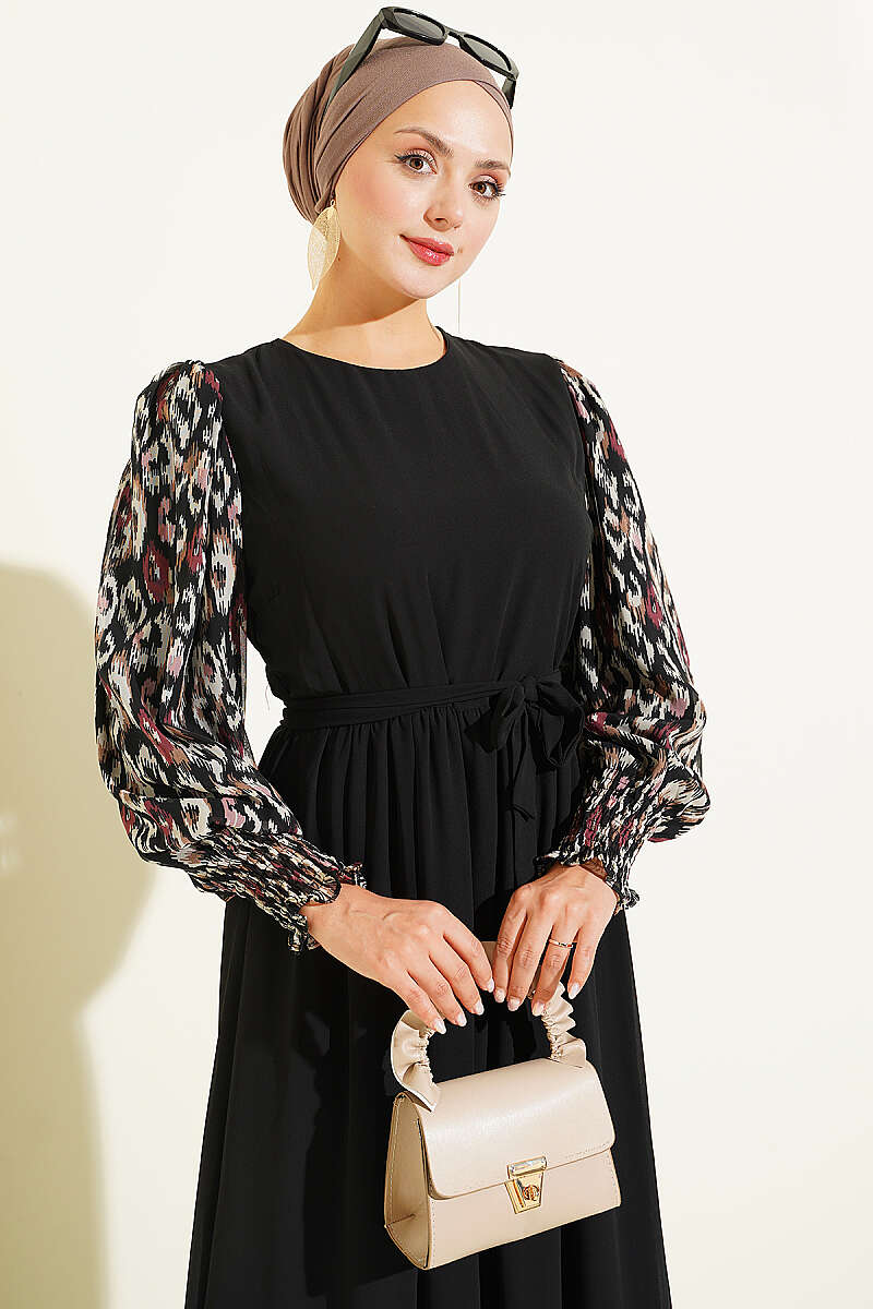 Balloon Sleeve Printed Chiffon Dress Burgundy – Bild 2