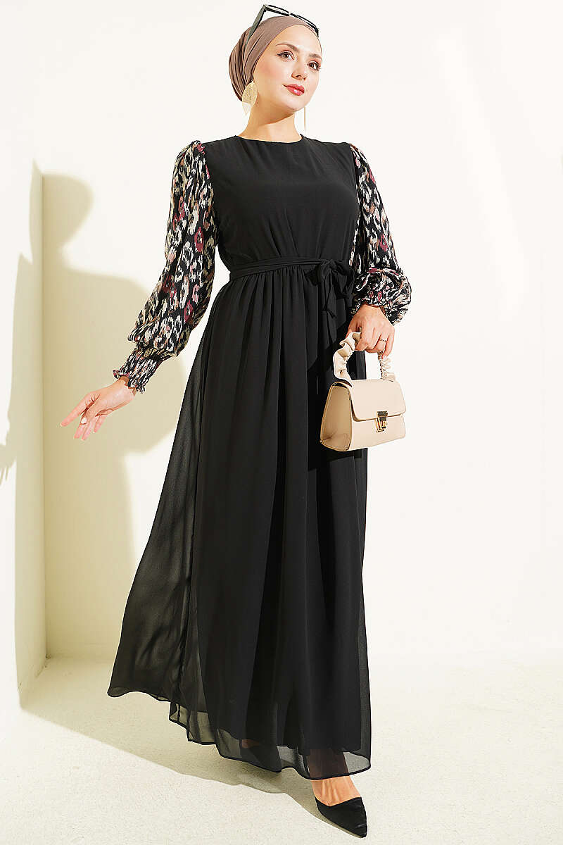 Balloon Sleeve Printed Chiffon Dress Burgundy