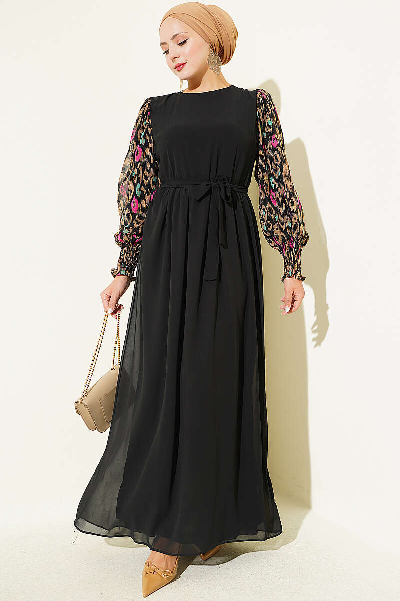 Balloon Sleeve Printed Chiffon Dress Latte