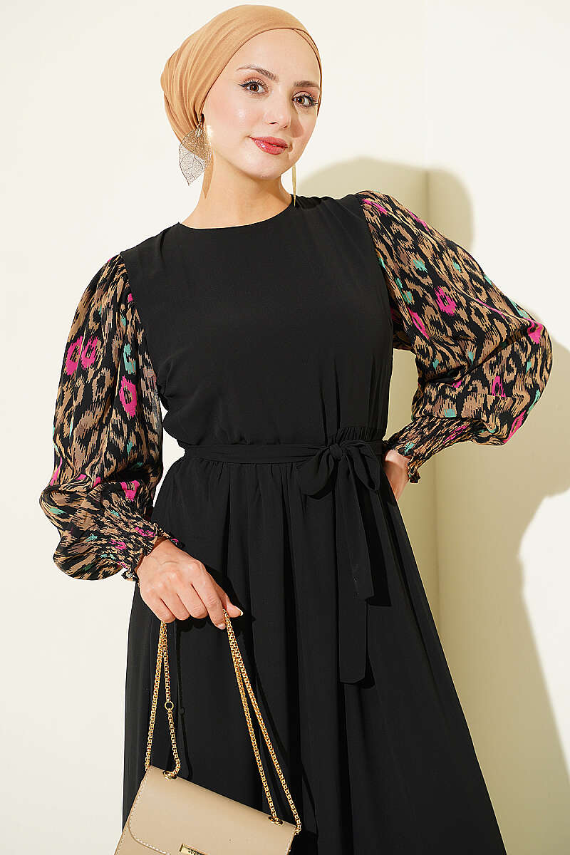 Balloon Sleeve Printed Chiffon Dress Latte – Bild 2