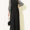 Balloon Sleeve Printed Chiffon Dress Black