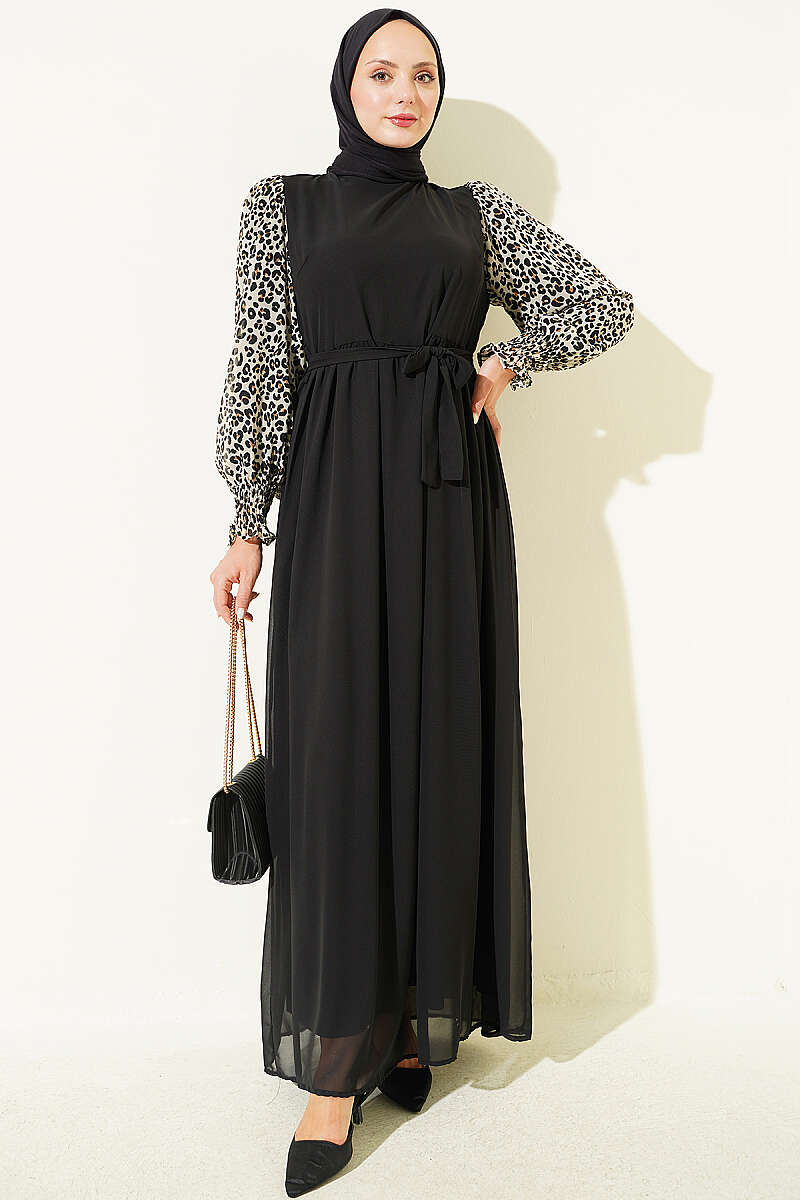 Balloon Sleeve Printed Chiffon Dress Black