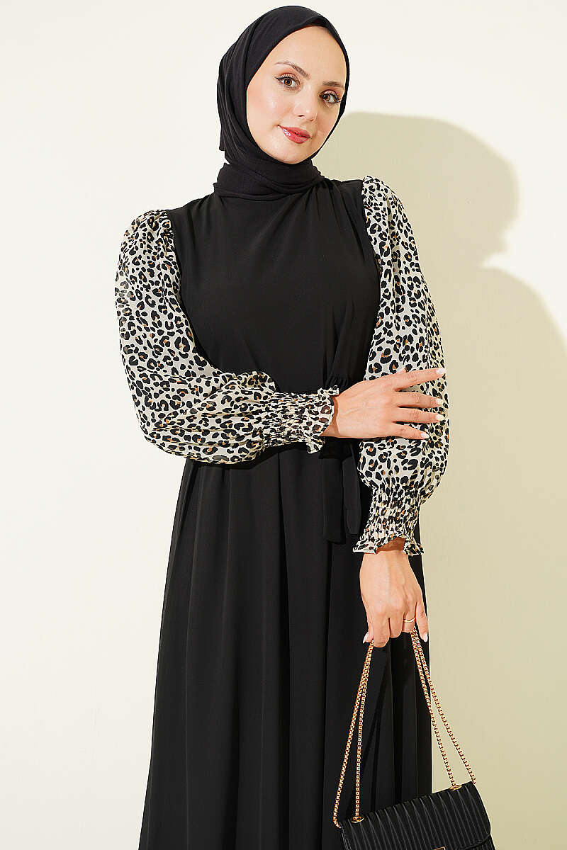 Balloon Sleeve Printed Chiffon Dress Black - الصورة 2