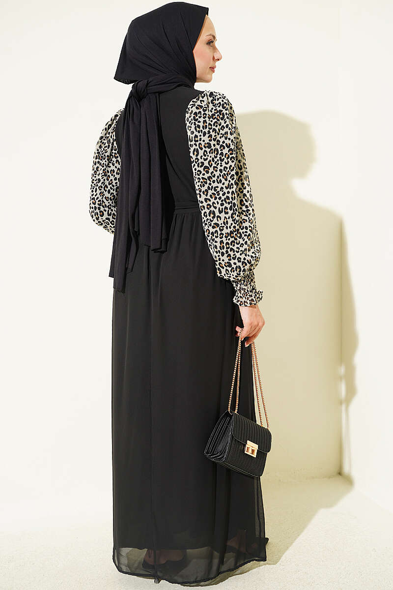 Balloon Sleeve Printed Chiffon Dress Black - الصورة 3