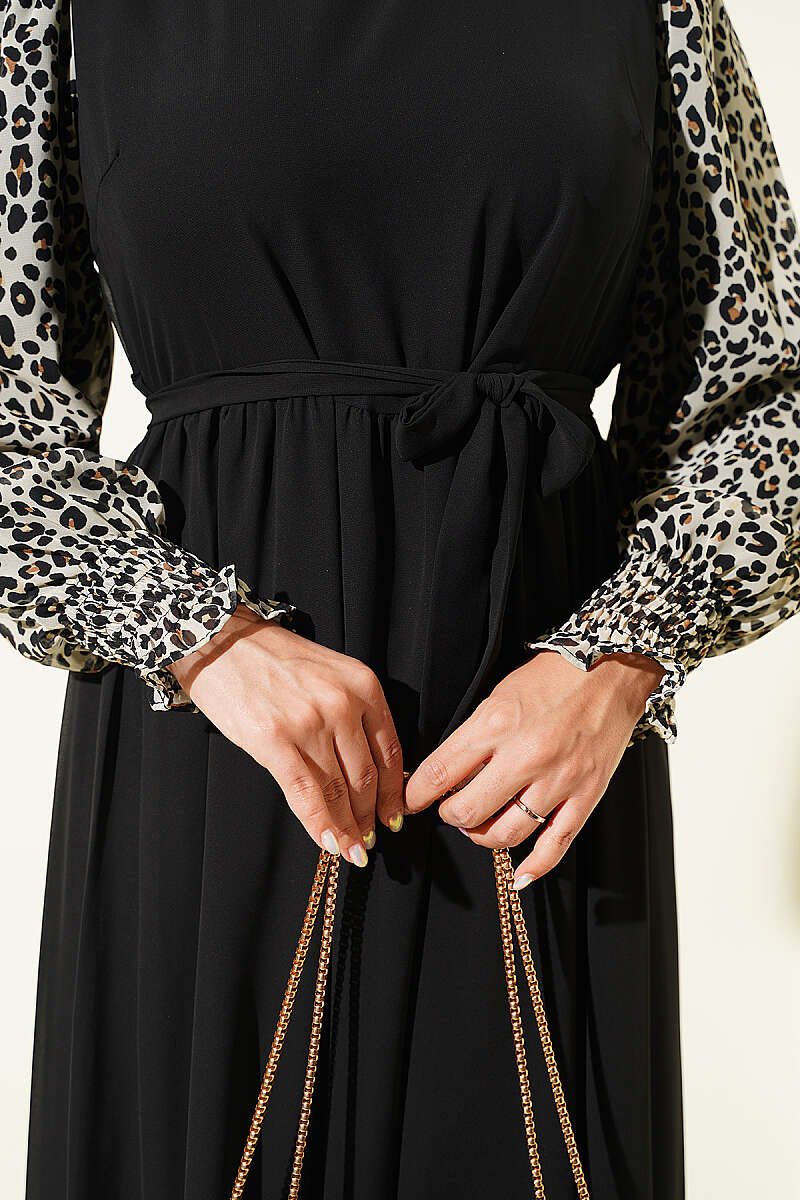 Balloon Sleeve Printed Chiffon Dress Black - الصورة 4