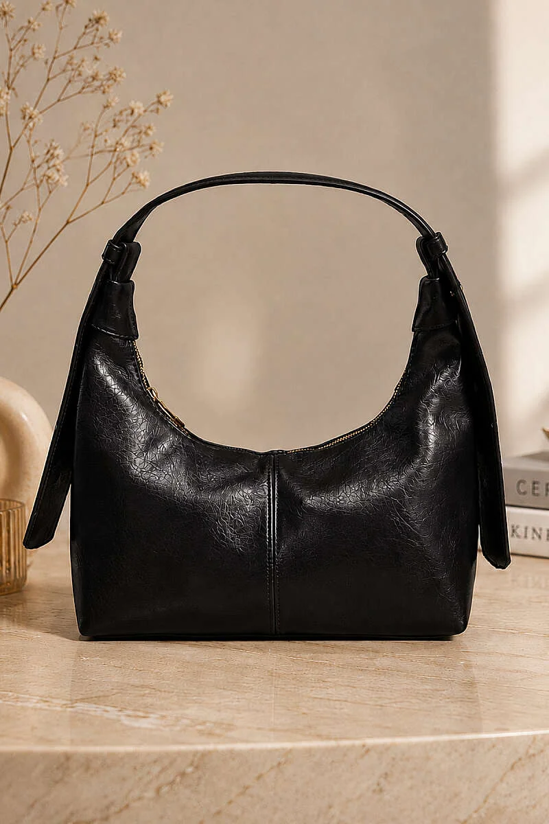 Wide Strap Zippered Shoulder Bag Black