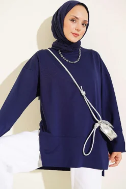 Wide Sleeve Slit Detail Tunic Navy Blue