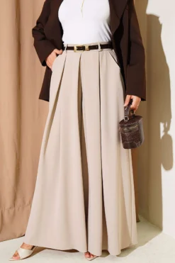 Wide Pleated Pocket Skirt Pants Beige