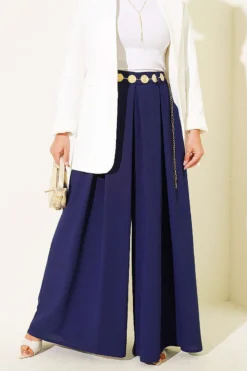 Wide Pleated Pocket Skirt Pants Navy Blue