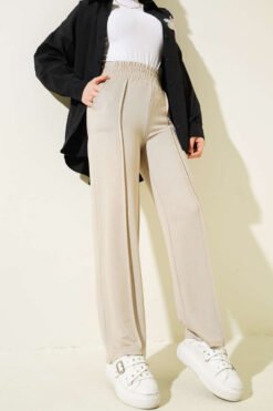 Wide Waistband Elasticated Trousers Beige