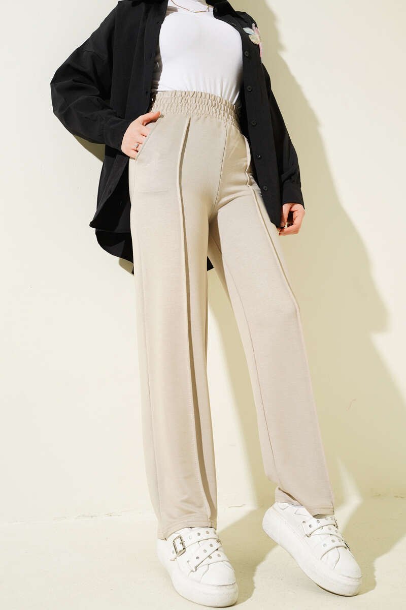 Wide Waistband Elasticated Trousers Beige