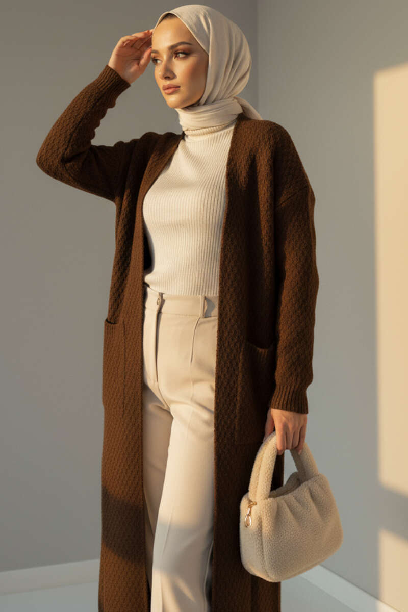Oversized Pocket Long Knit Cardigan Brown - Image 2