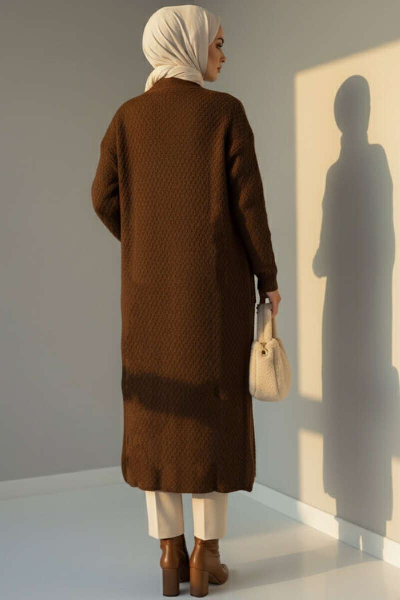 Oversized Pocket Long Knit Cardigan Brown - Image 3
