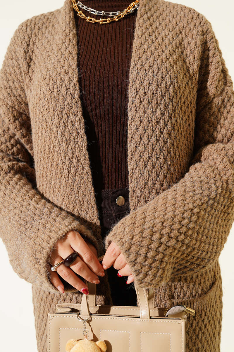 Oversized Pocket Long Knit Cardigan Mink - Image 4