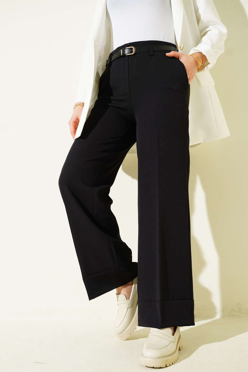 Wide Leg Belted Fabric Trousers Black – Bild 2