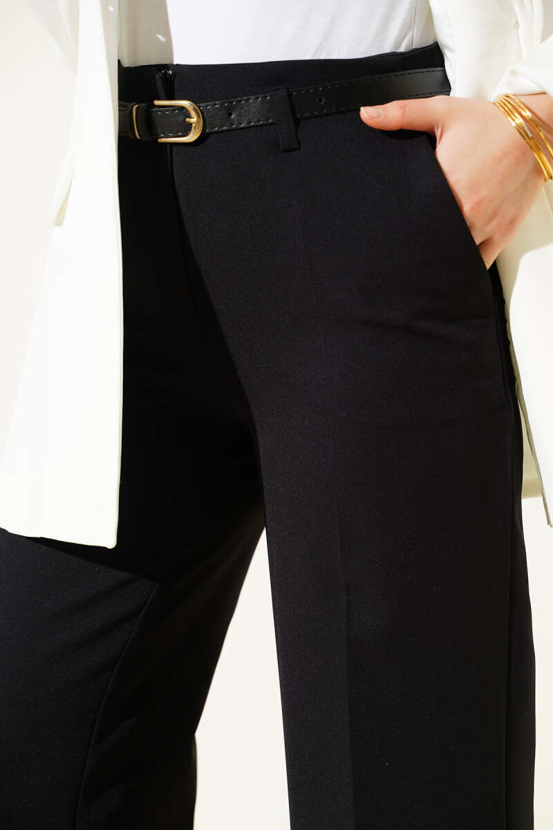 Wide Leg Belted Fabric Trousers Black – Bild 4
