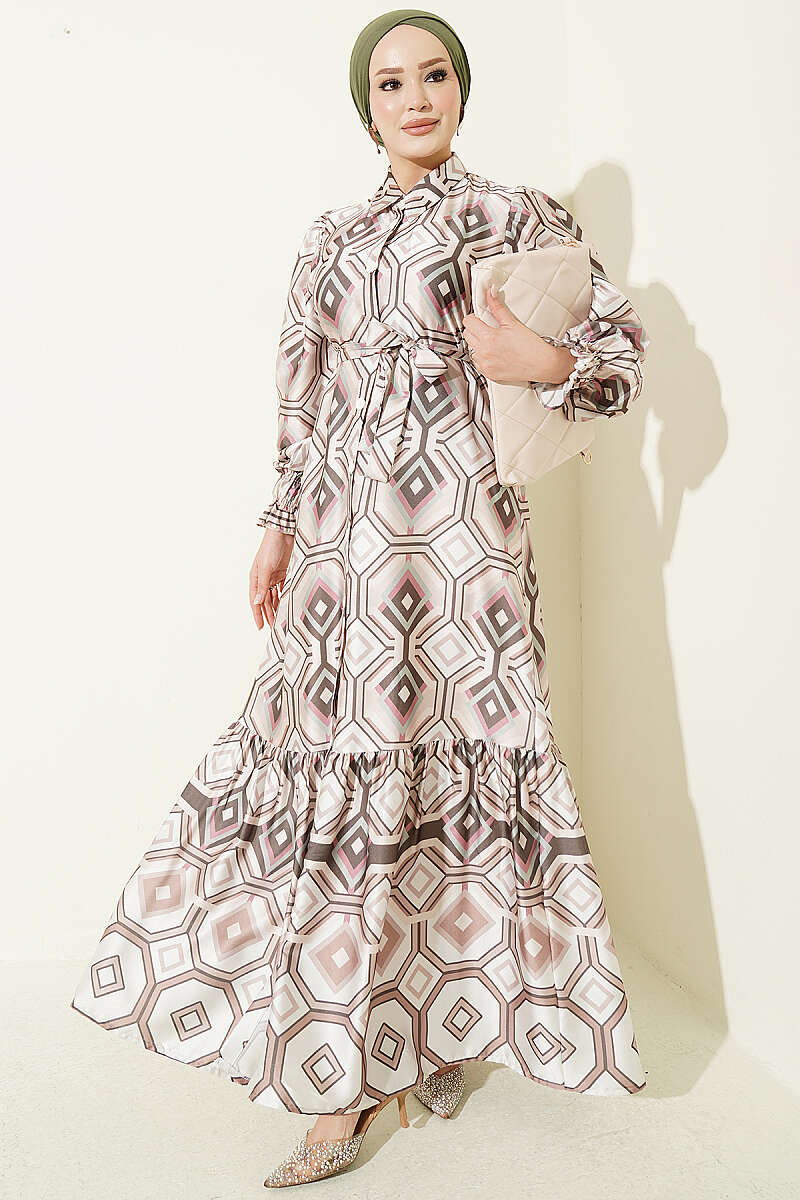 Geometric Pattern Satin Dress Beige