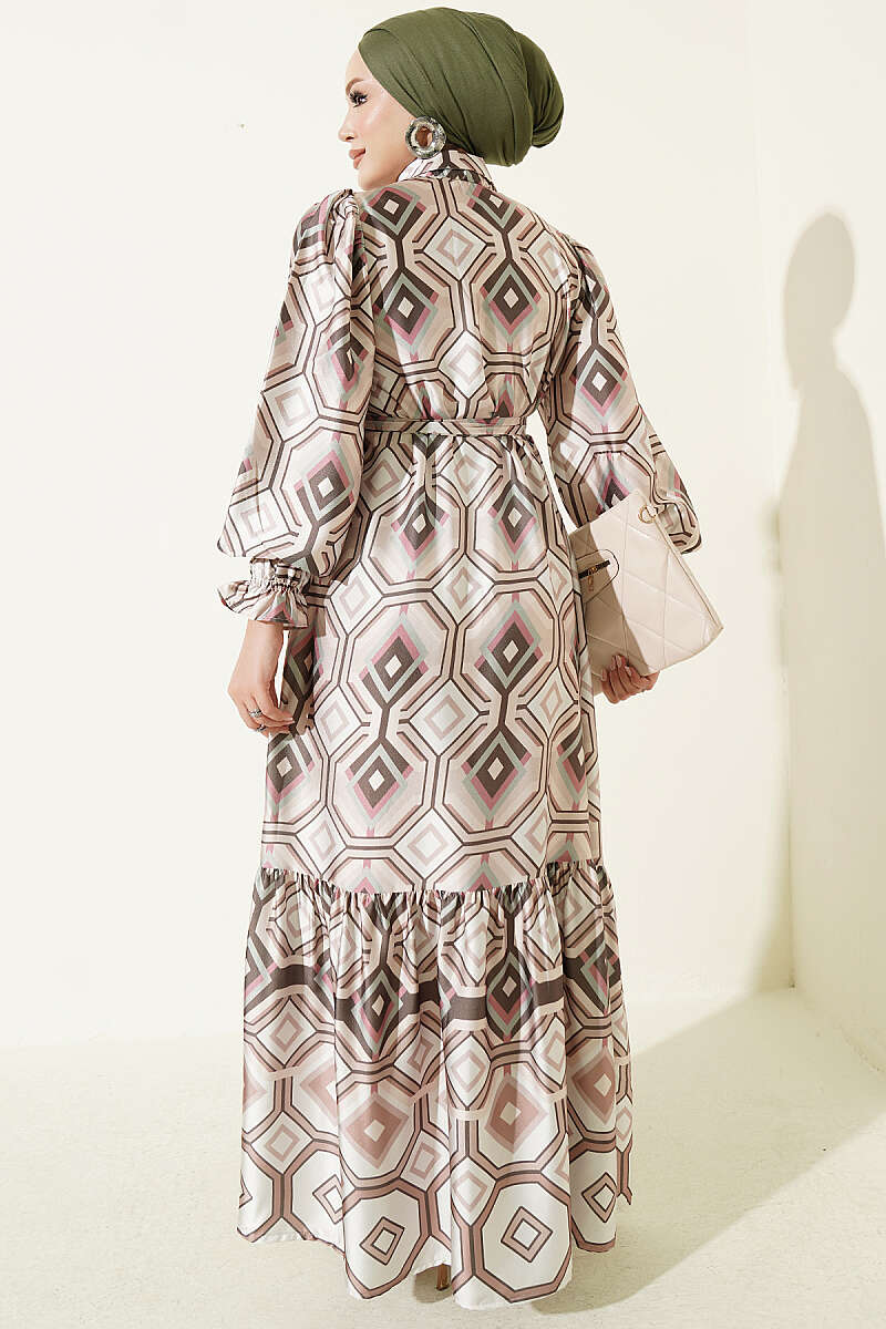 Geometric Pattern Satin Dress Beige – Bild 3