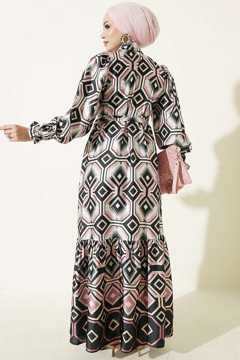 Geometric Pattern Satin Dress Mint - الصورة 3