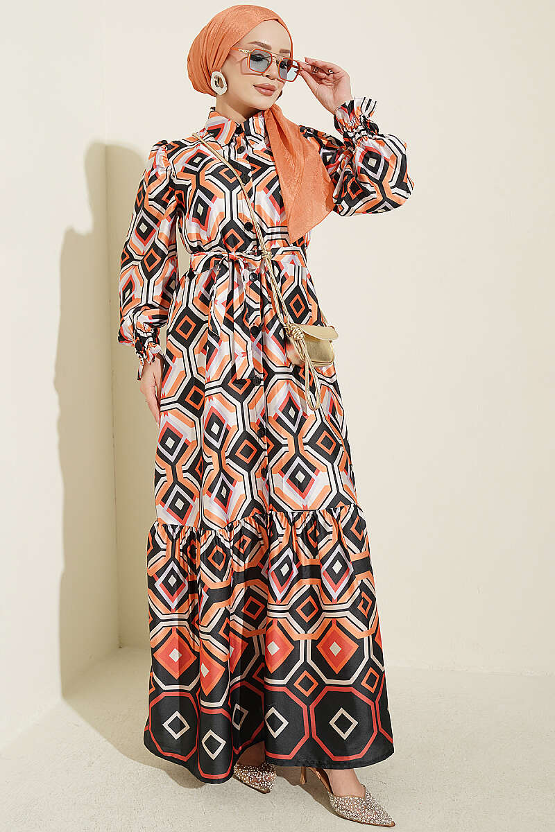 Geometric Pattern Satin Dress Black
